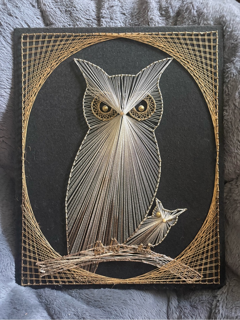 Vintage Gold and Silver String Art Owl Wall Hanging
